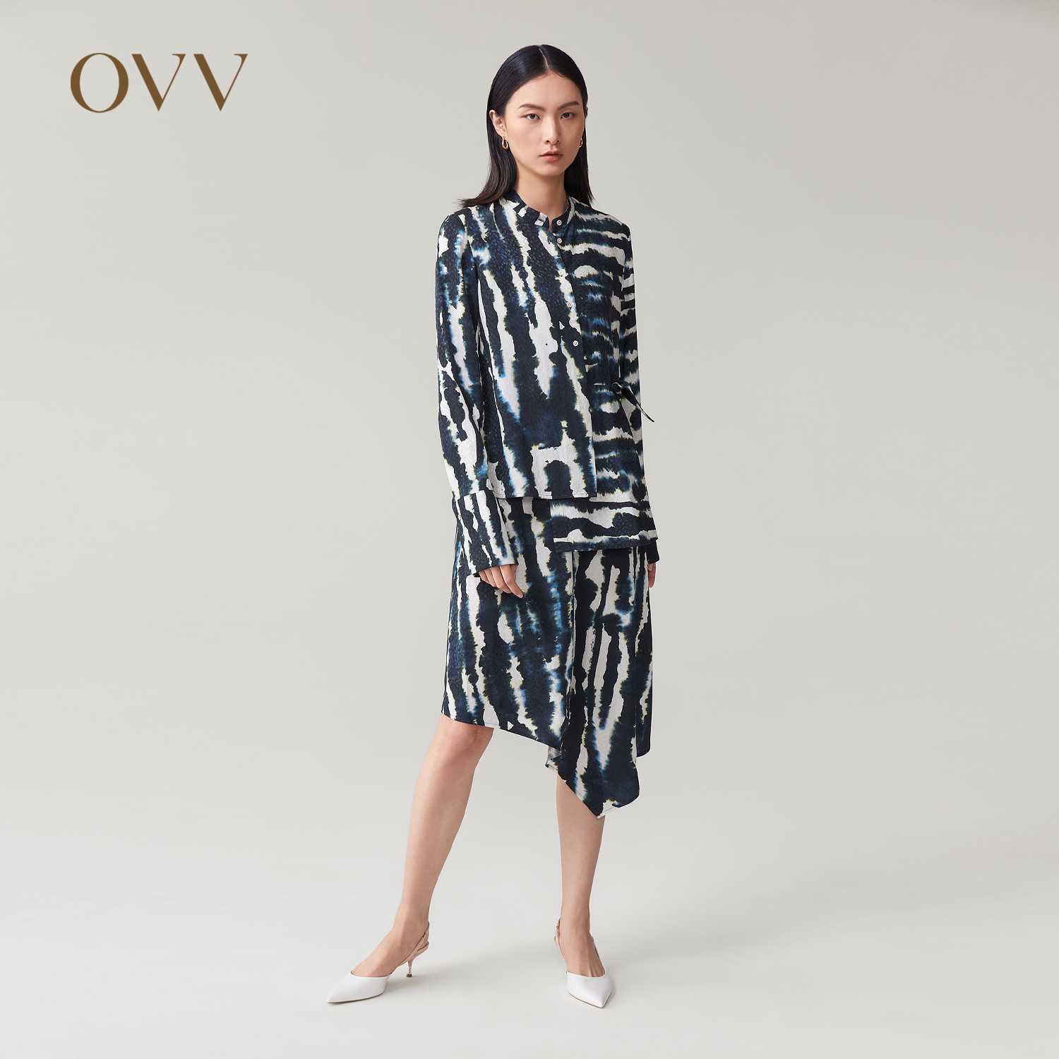 OVV秋冬不对称结构印花甜美长袖设计师针织复古连衣裙GQLCJ30106A
