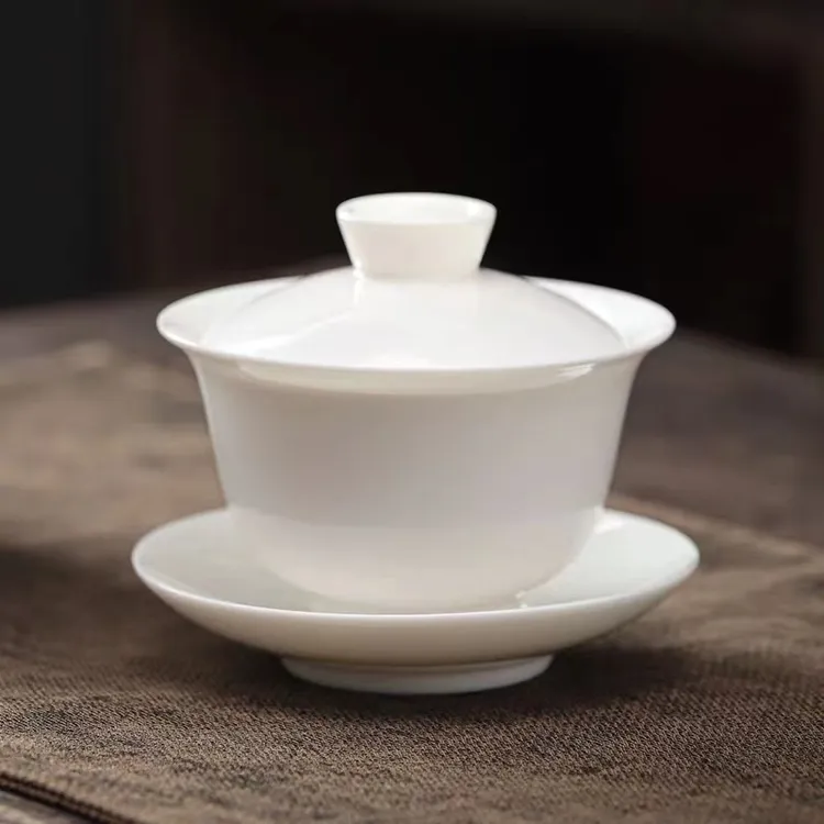 羊脂玉瓷盖碗白瓷三才盖碗防烫大容量悬停盖碗功夫茶具高档茶盖碗