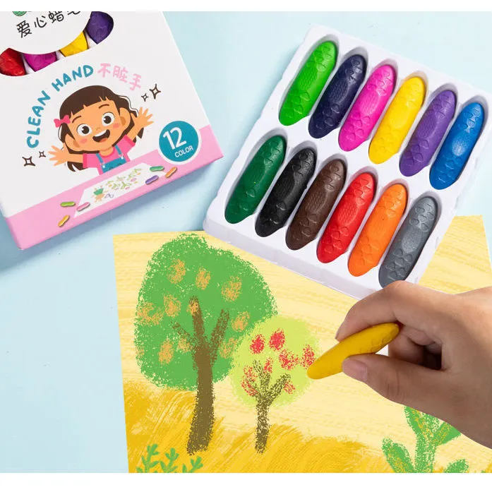 儿童花生蜡笔安全画笔12/24色绘画幼儿园油画棒宝宝 不脏手可水洗
