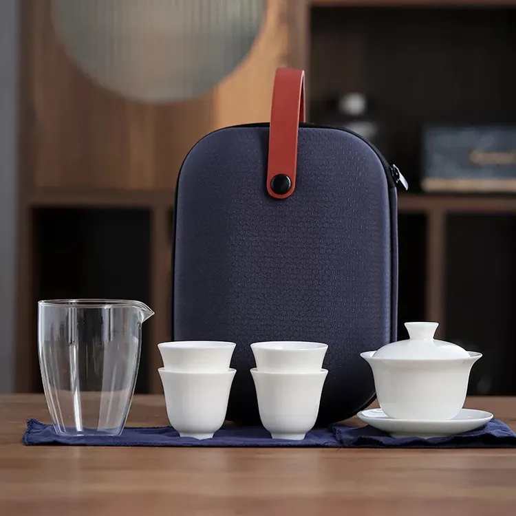 羊脂玉白瓷盖碗一壶四杯陶瓷旅行茶具套装便捷包户外旅游小套组