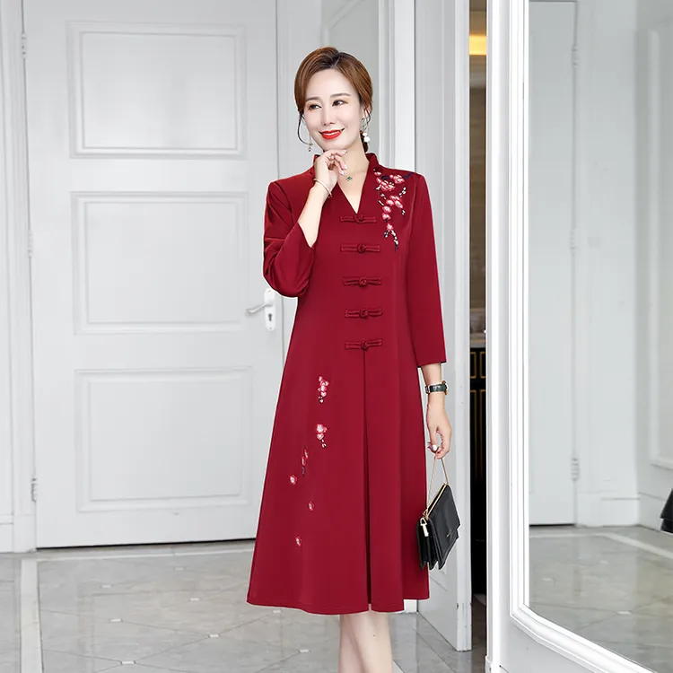 春秋女装中老年结婚妈妈装弹力绣花婚宴礼服婚礼喜婆婆连衣裙长裙