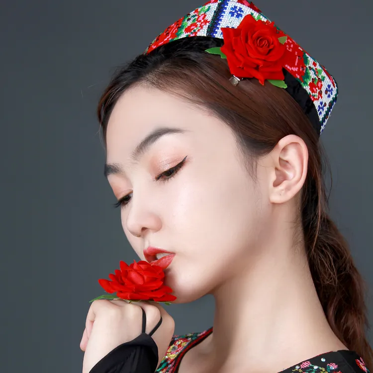 新疆舞帽子花手指花头花表演跳舞手花新疆帽发卡花头上戴的玫瑰花