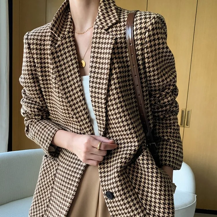 2025百搭千鸟格毛呢长袖气质时尚外套韩版小个子加厚春秋小西装女