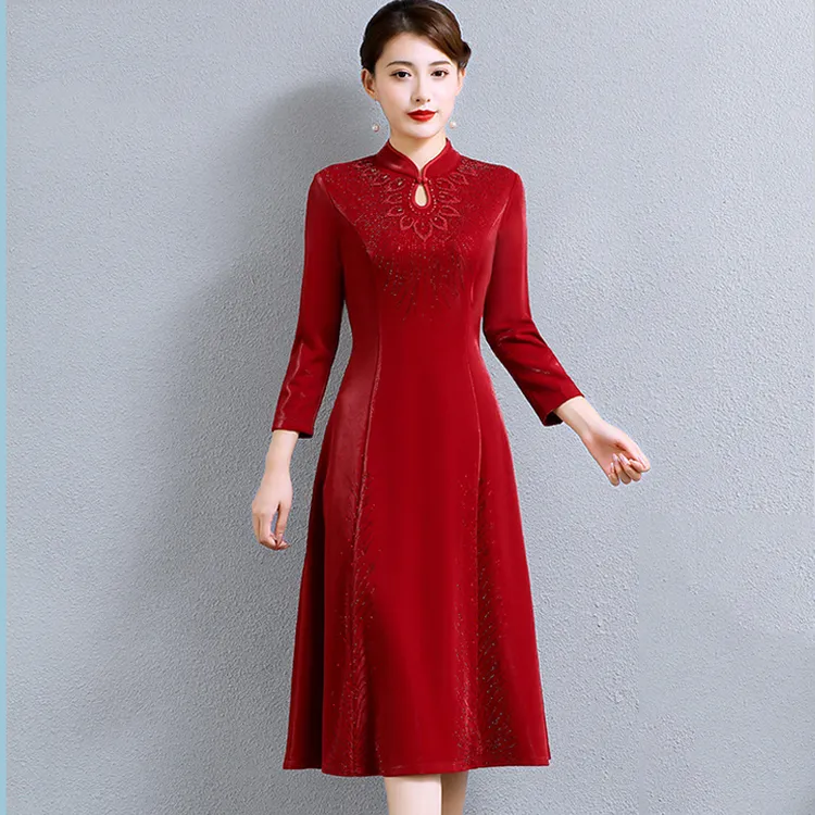 亮丝烫钻钉珠显瘦遮肚子连衣裙妈妈装喜婆婆婚礼礼服春秋装高贵