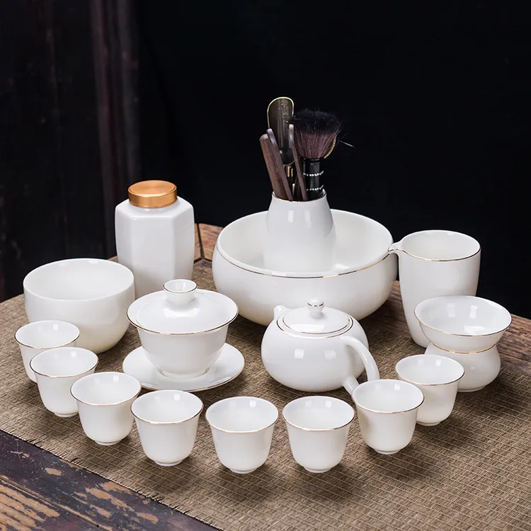 羊脂玉德化白瓷功夫茶具套装家用中式泡茶杯描金盖碗套组办公茶壶