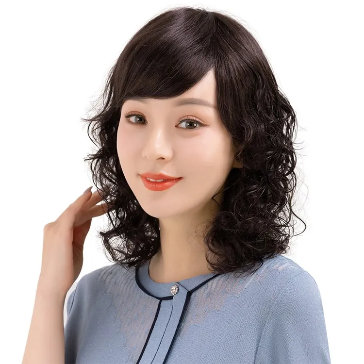 假发长卷发真发斜刘海假发套中长假发真人发丝假发片女