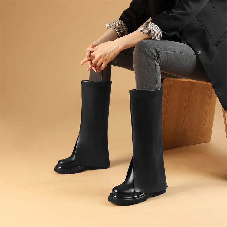 10cm内增高黑色骑士靴长筒靴女不过膝裤管靴厚底时尚增高百搭女靴