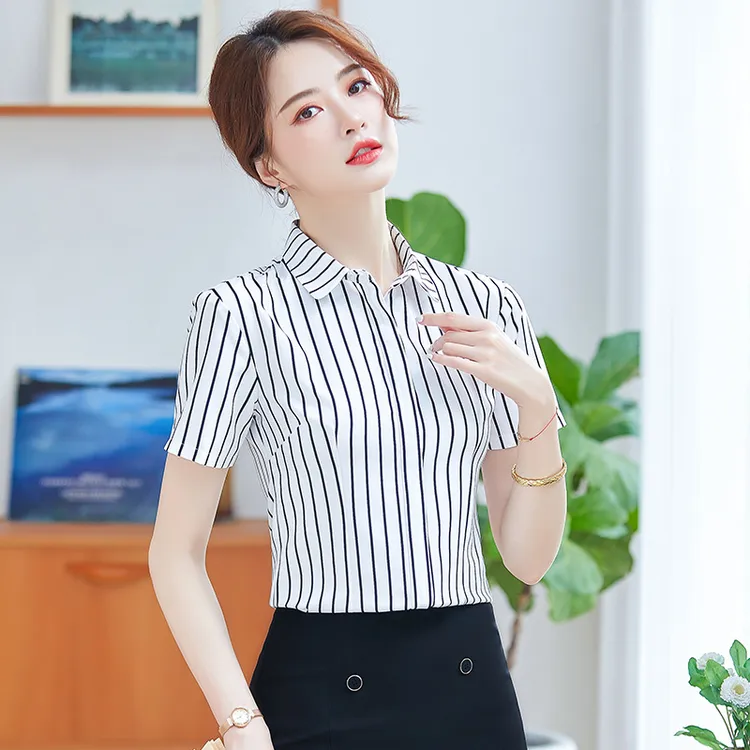 2189职业装条纹衬衫女短袖工作服正装女套装衬衣珠宝店售楼处工装