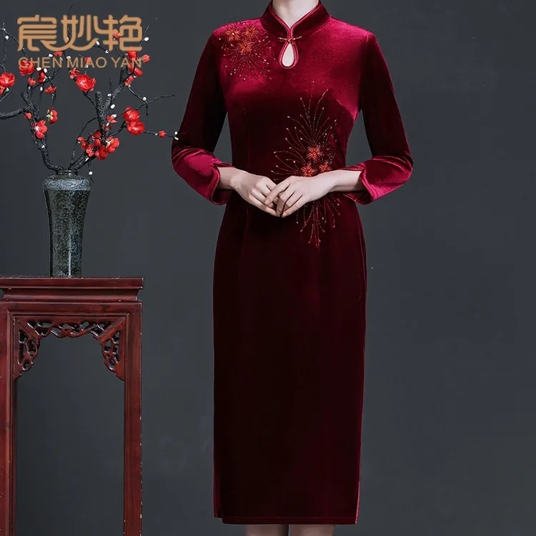 宸妙艳金丝绒连衣裙高贵婚礼妈妈装中长款喜婆婆婚宴礼服改良旗袍