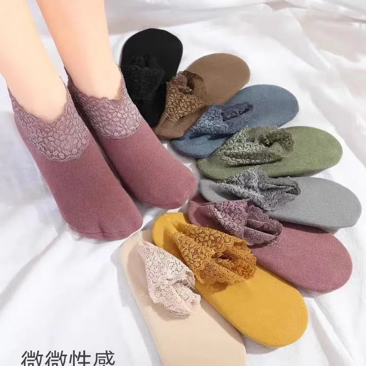 L02秋冬季新款蕾丝花边加绒棉袜短筒德绒袜加厚短袜保暖女袜