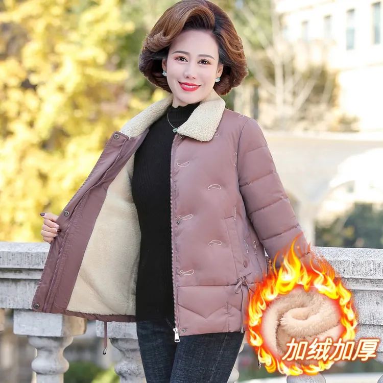 新款妈妈洋气加绒加厚棉服中年女秋冬装短款棉衣中老年小棉袄外套