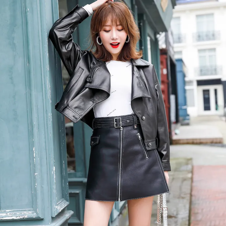 绵羊皮真皮皮裙2025秋季新款A字裙短裙韩版修身显瘦高腰半身皮裙