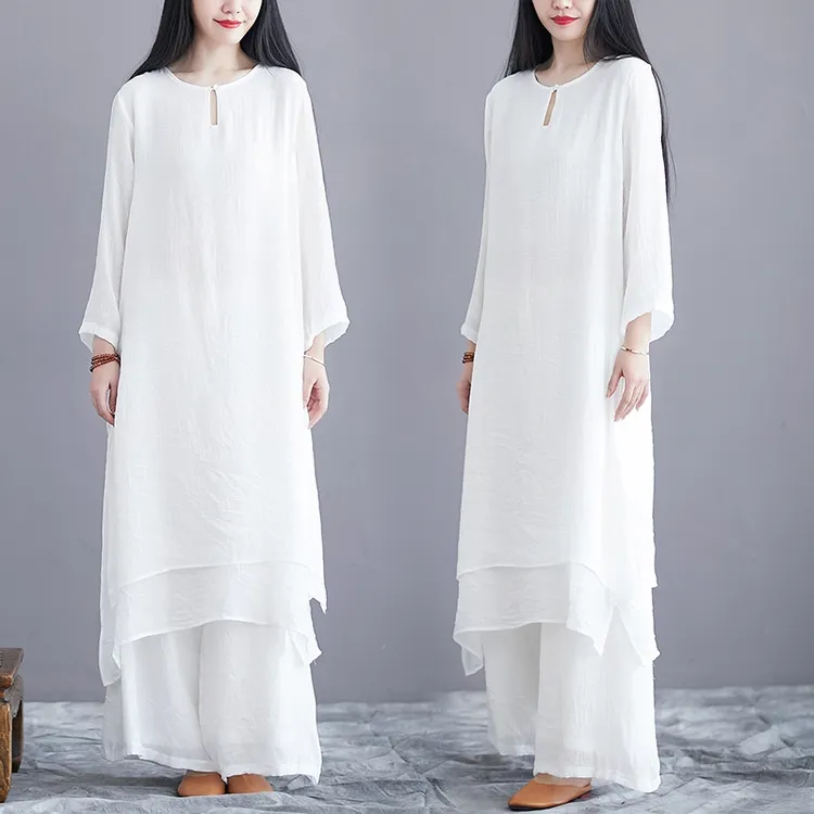 春夏秋大码阔腿裤佛系棉麻两件套装女民族中国风长裤禅意茶服亚麻
