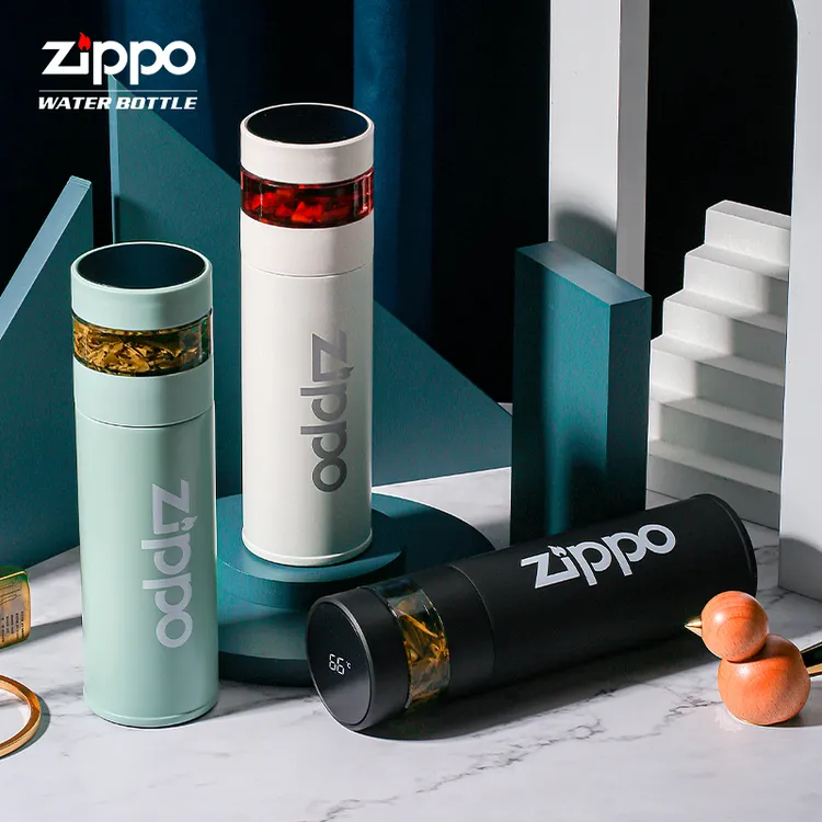 zippo茶水分离杯316不锈钢温度显示高颜值大容量男士泡茶保温杯
