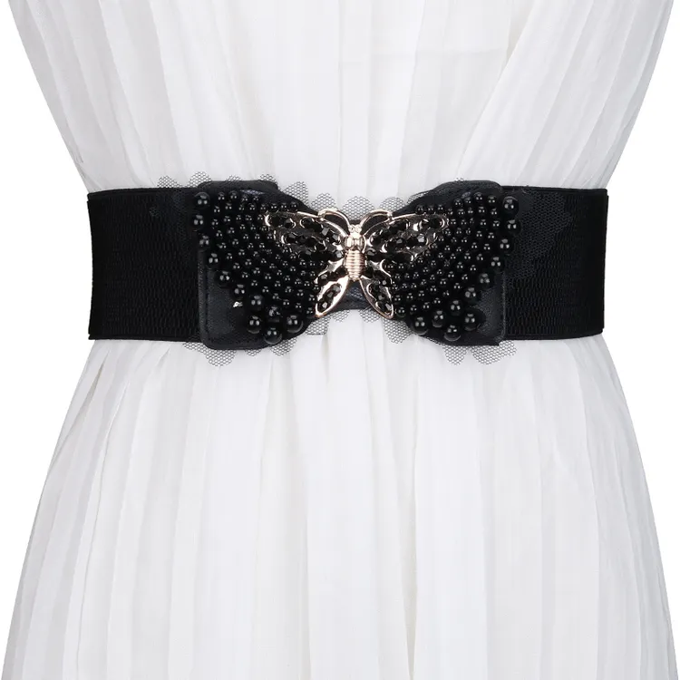 松紧腰带百搭蝴蝶结腰封韩版蕾丝弹力外搭配连衣裙子装饰宽黑裙带