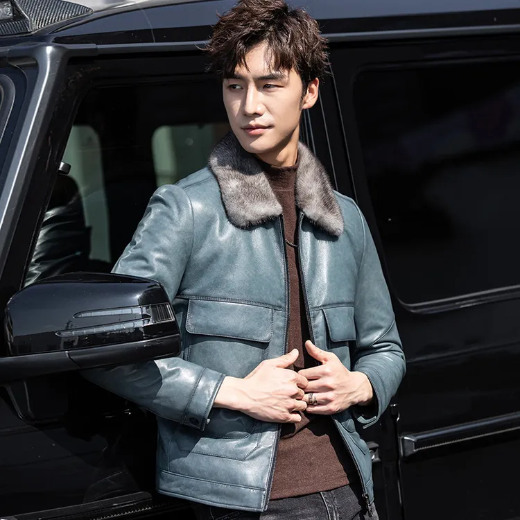 皮衣男款爆款2025新款男士真皮修身冬季羽绒休闲外套翻领皮夹克