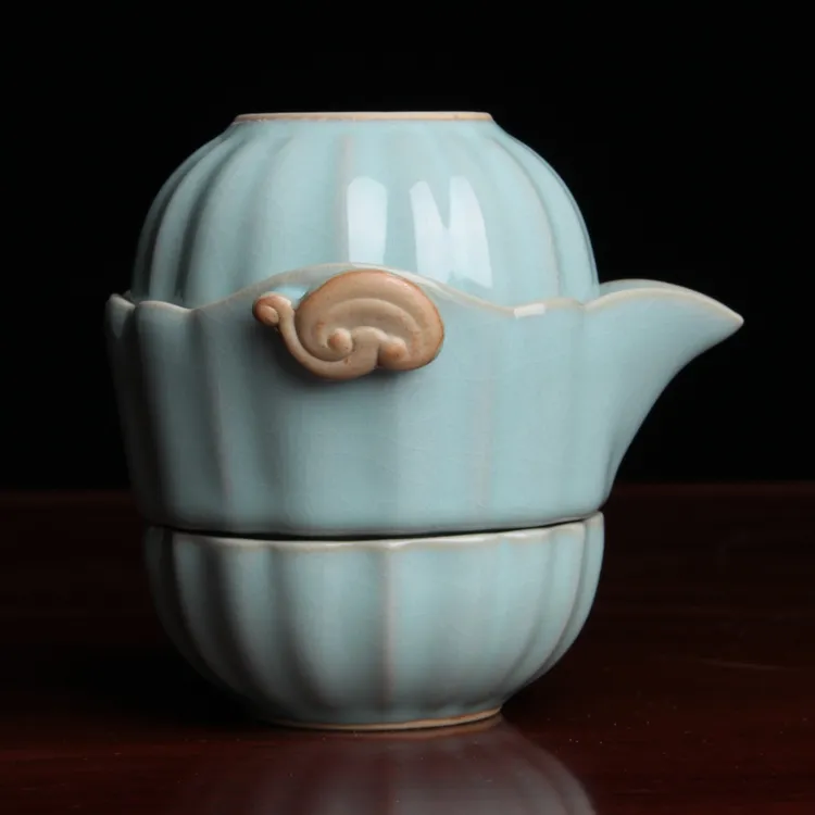 简匠 汝州当代原矿汝窑天青快客杯手抓壶一壶两杯套装（配布包）