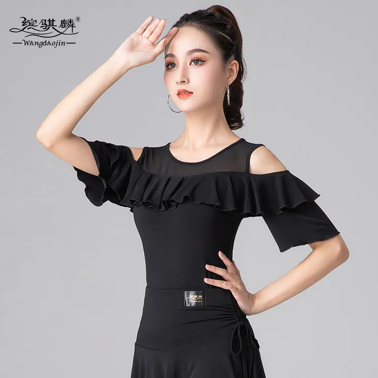 拉丁舞上衣新款女网纱舞衣国标舞练功服舞蹈服摩登舞连体跳舞衣服