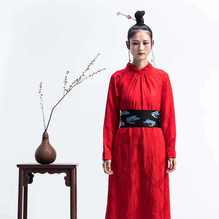 花椿詩意改良茶服女夏小个子茶艺师修身禅意文艺中国风连衣裙
