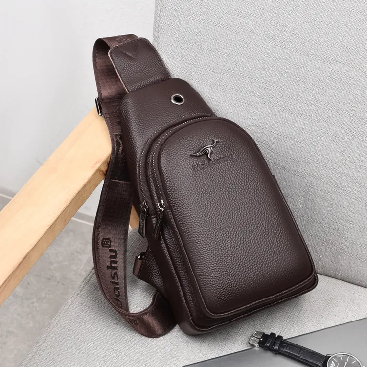 麦克袋鼠时尚百搭男士胸包真皮商务单肩斜挎包潮流头层牛皮大容量