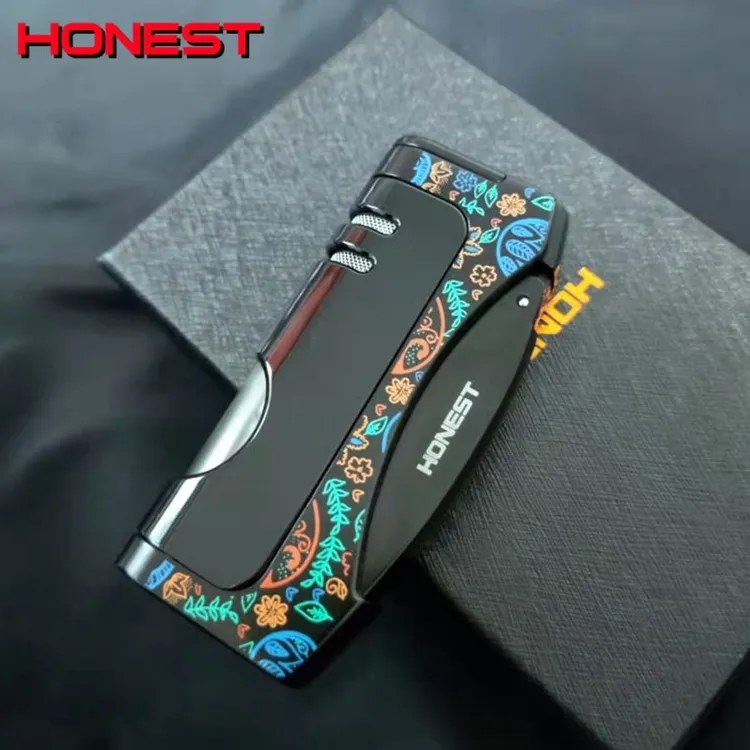HONEST/百诚直冲蓝焰打火机可视充气防风个性金属雪茄刀男士礼物