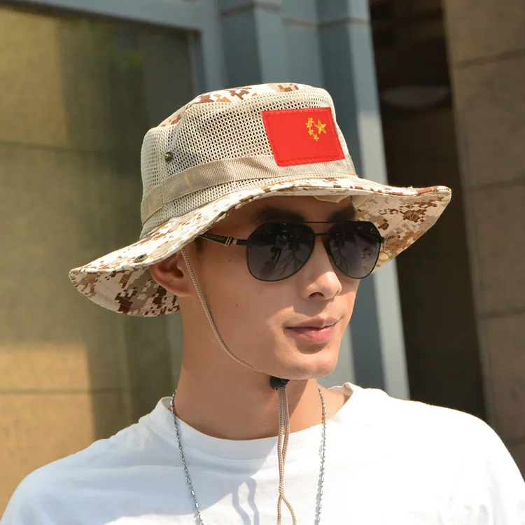 红旗太阳帽男士帽子盆帽夏天防晒大沿户外遮阳帽凉帽钓鱼奔尼帽潮