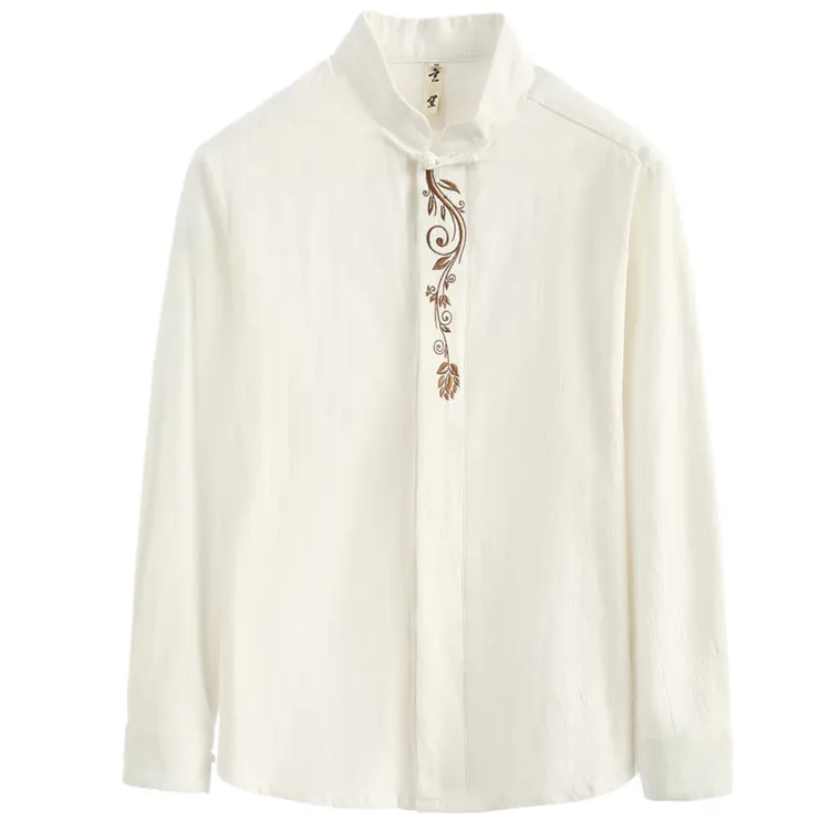 春季唐装男衬衣中式复古改良打底衫棉麻刺绣长袖衬衫男中国风男装