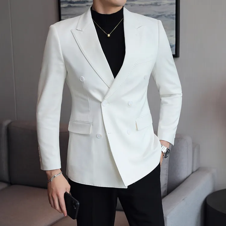 英伦商务休闲西装白色外套修身双扣单西上衣男士西服韩版-DX6030