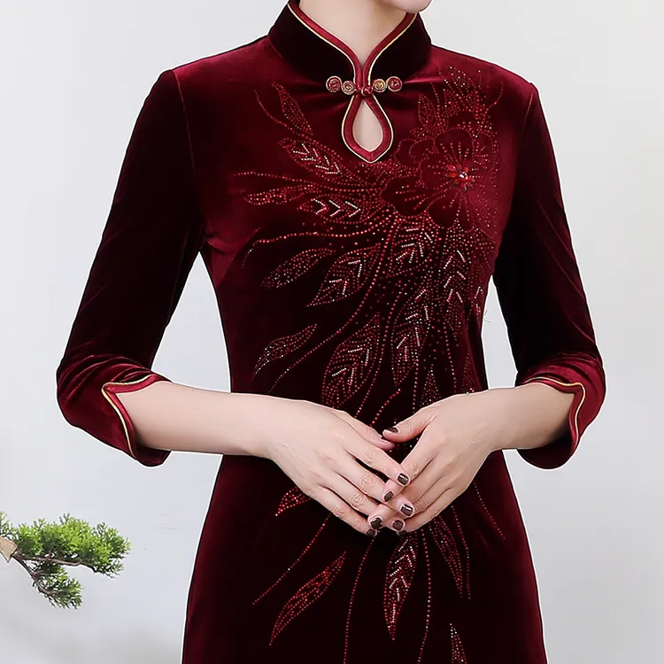 中国风改良旗袍大码妈妈装新款丝绒连衣裙重工钉珠烫钻立领旗袍