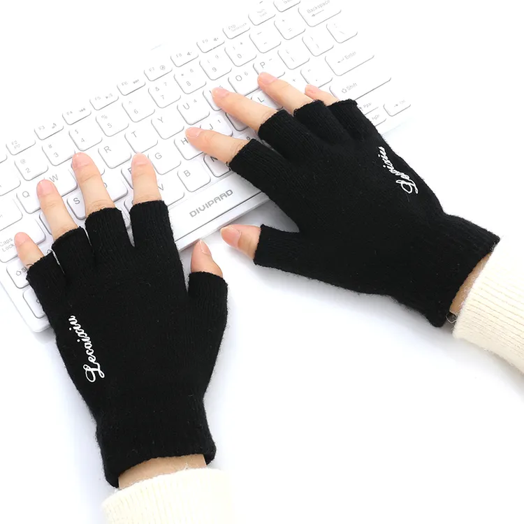 纯色半指手套男女秋冬毛线针织露指手套学生防滑保暖半截漏指手套