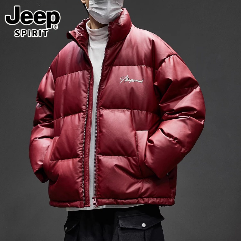 Jeep吉普高级PU皮羽绒服男生本命年红色外套冬季情侣装休闲面包服