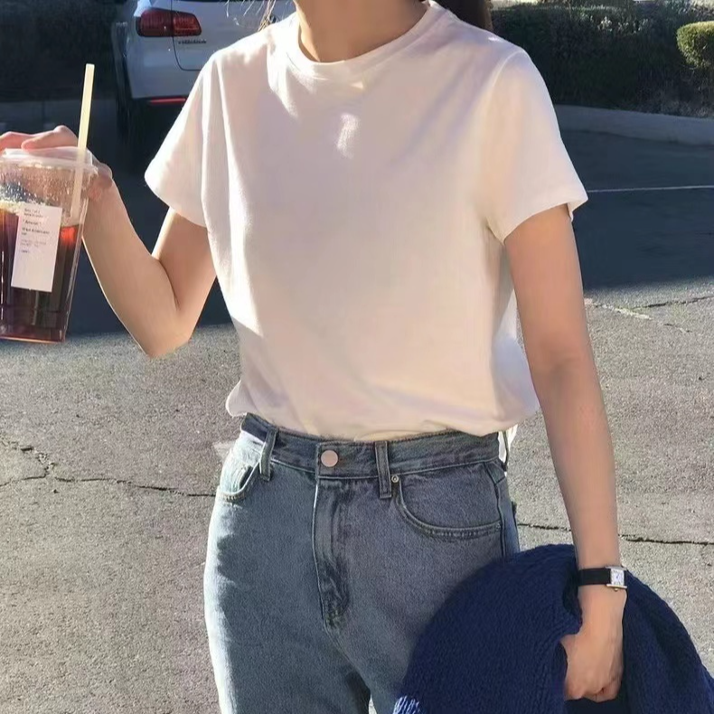 【简单的你】韩设计师款经典简约基础圆领短袖白色t恤T恤打底衫女