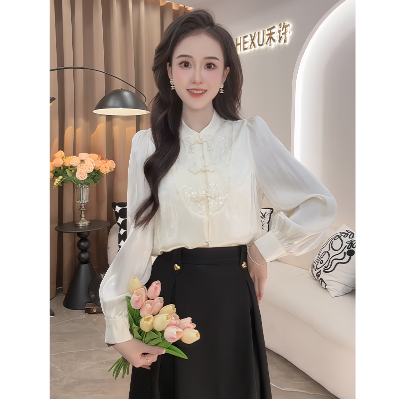 宫廷风衬衫女2024年春季新款时尚百搭长袖设计感上衣