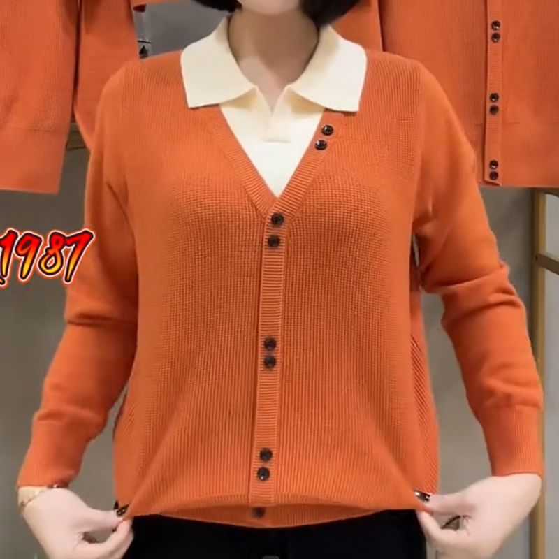 翻领假两件针织衫高档洋气百搭女装爆款打底衫时尚中老年妈妈装