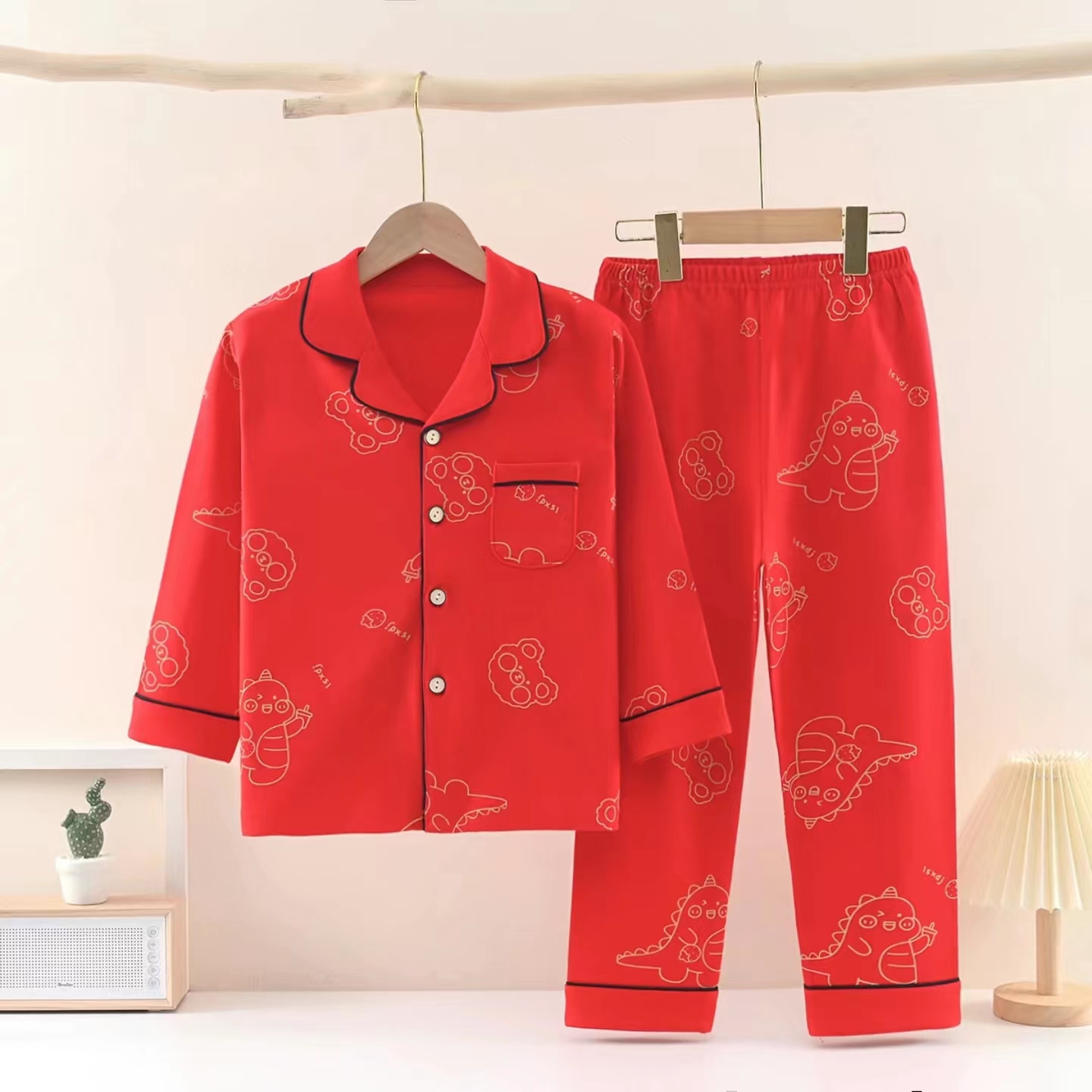 大红色纯棉儿童睡衣春秋款男童女童全棉家居服套装中大童居家服