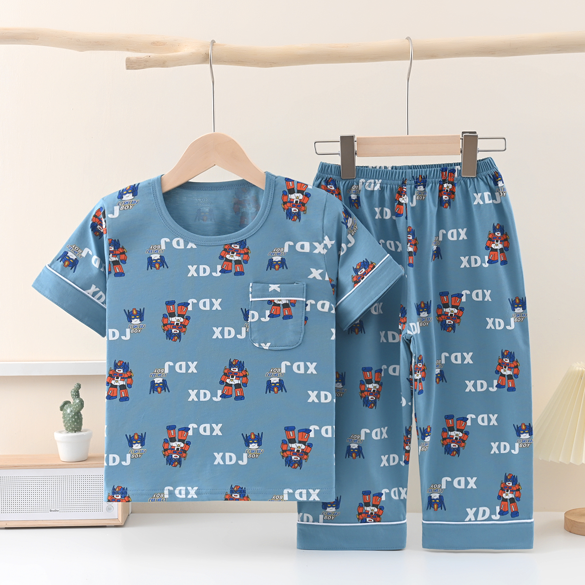 （夏季薄款圆领套装）儿童睡衣薄款男女童短袖七分裤家居服空调服