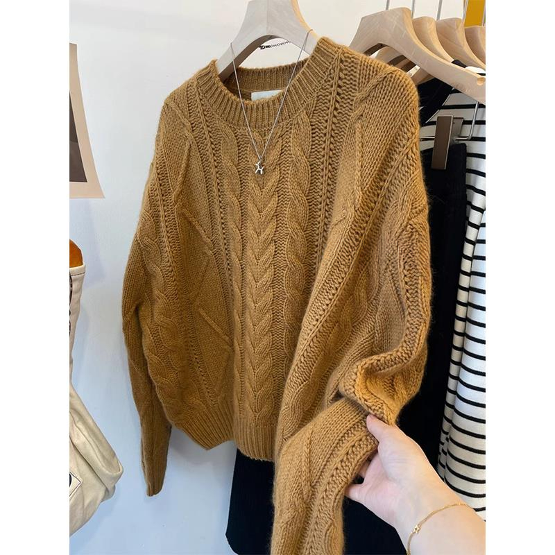 外穿黄色软糯麻花短款毛衣女秋冬季慵懒风宽松加厚套头针织衫上衣