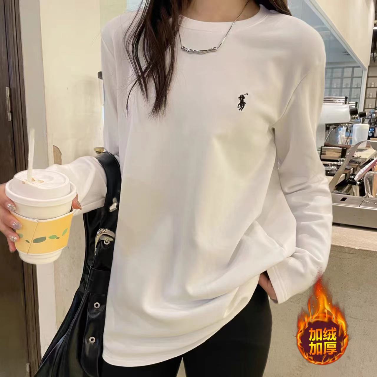 【加宝宝绒】秋冬休闲圆领百搭小马刺绣加绒加厚宽松遮肉显瘦长袖