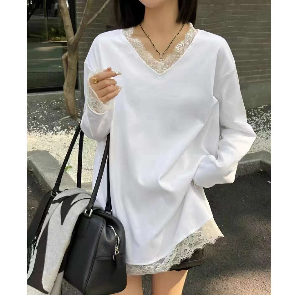 【加宝宝绒】2024秋冬新款V领宽松花边蕾丝白色上衣女T别致长袖打底