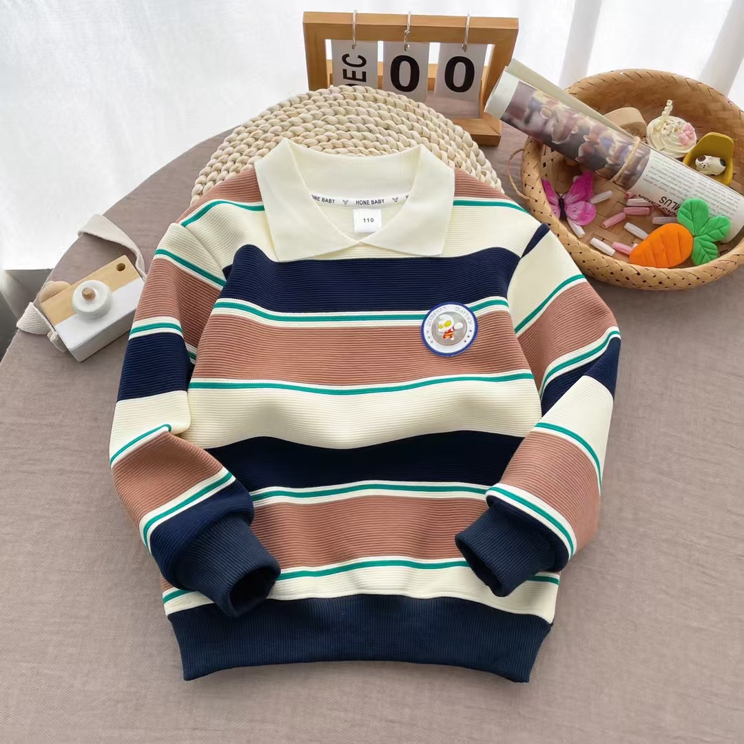 【淼淼妈】儿童秋冬一体绒条纹卫衣829