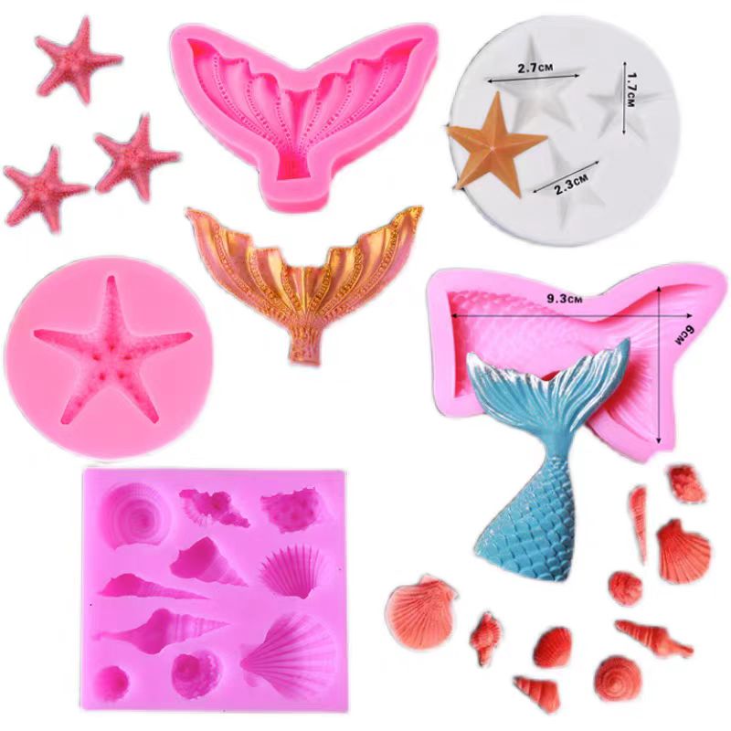 海洋硅胶模具蛋糕装饰海星贝壳海螺美人鱼尾diy巧克力翻糖蛋糕模
