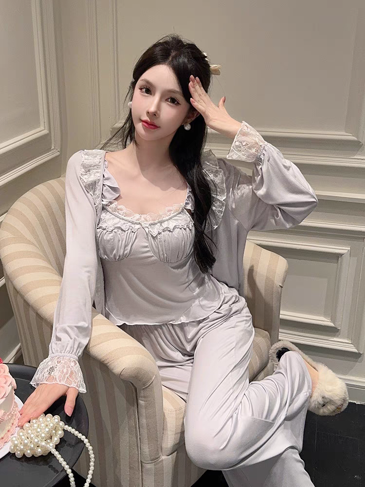 小气推荐 长袖网红女士薄款纯欲甜美睡衣女套装蕾丝