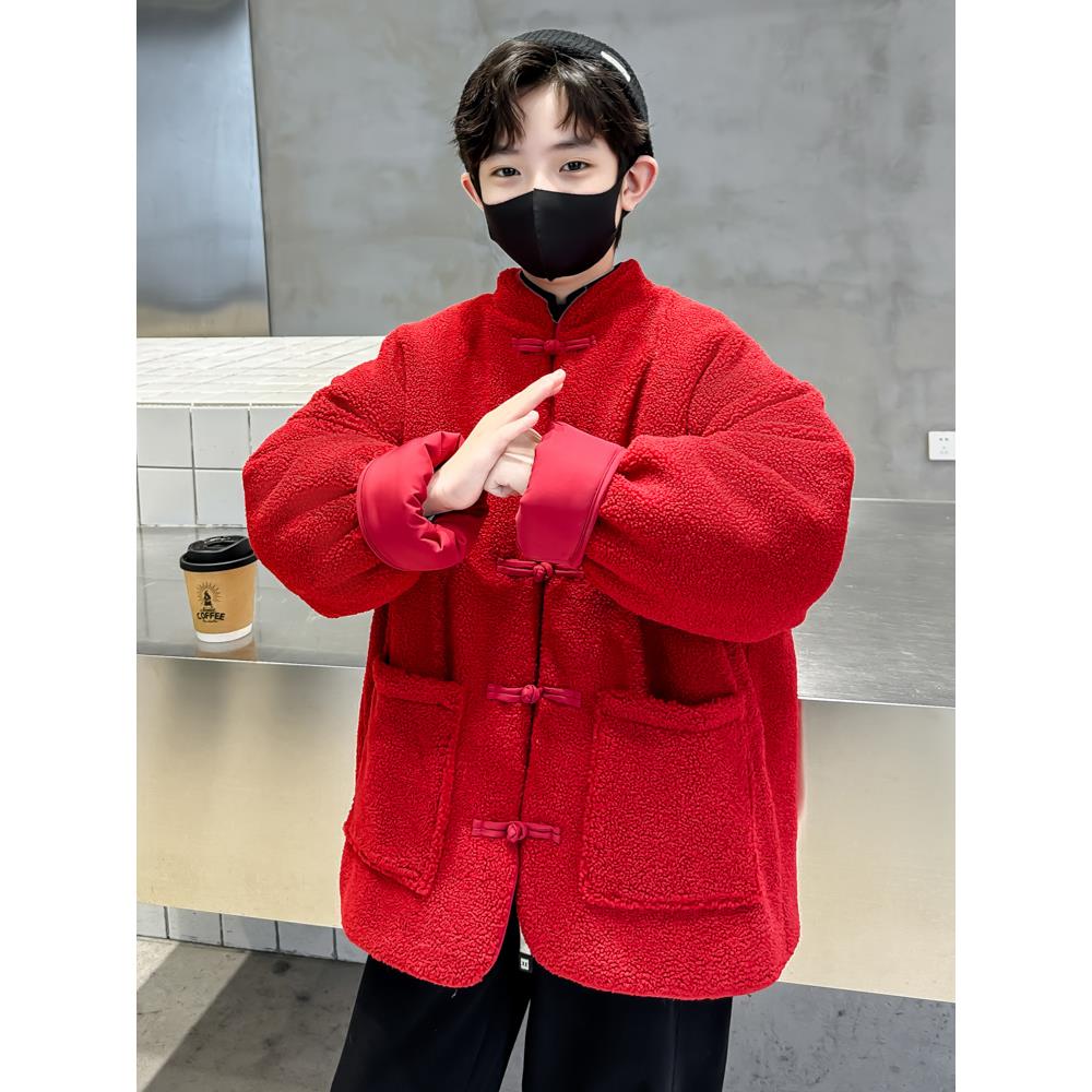 男童唐装龙年拜年服冬季2024新款儿童红色外套加厚男孩新年汉服潮