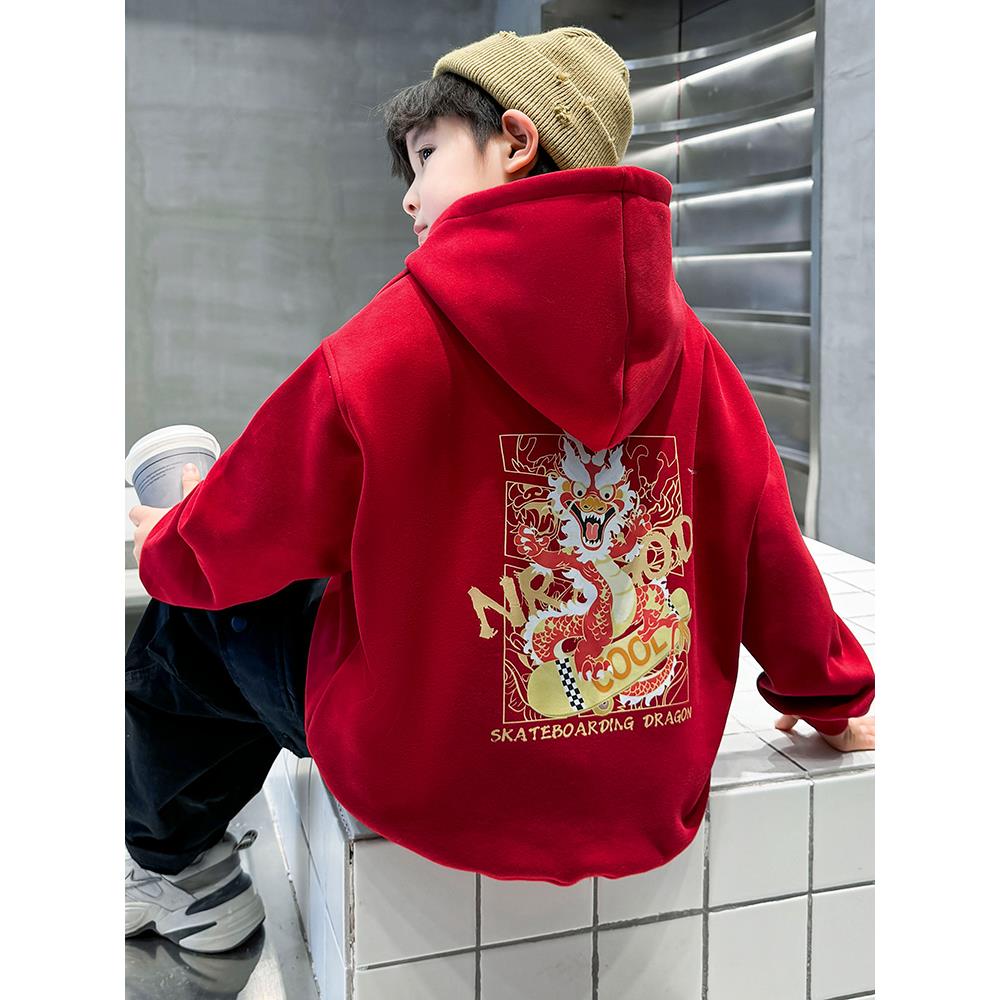 男童红色卫衣加绒加厚秋冬款一体绒儿童本命年上衣龙年男孩子2024