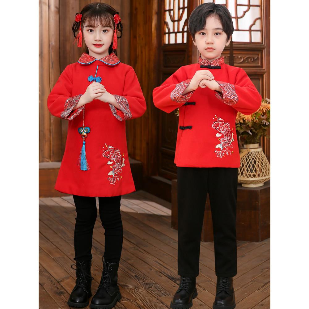 拜年服女童加厚保暖新年红色中式儿童喜庆演出服冬中国风唐装男
