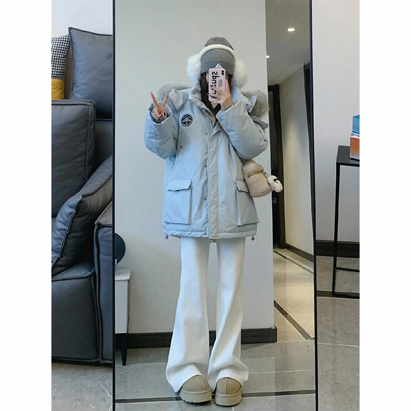 300斤大码女装胖mm加厚工装派克服女蓝色高级感保暖冬装外套棉服