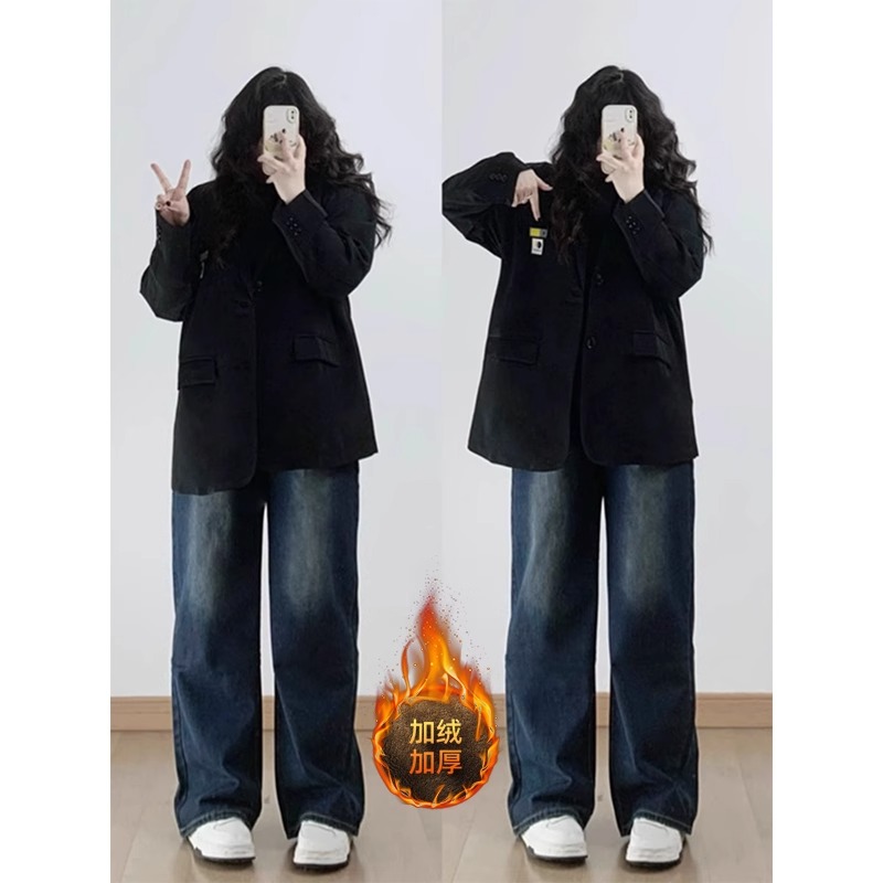 胖mm大码女装秋季季加绒牛仔裤女美式高腰直胯显瘦梨形加厚长裤子