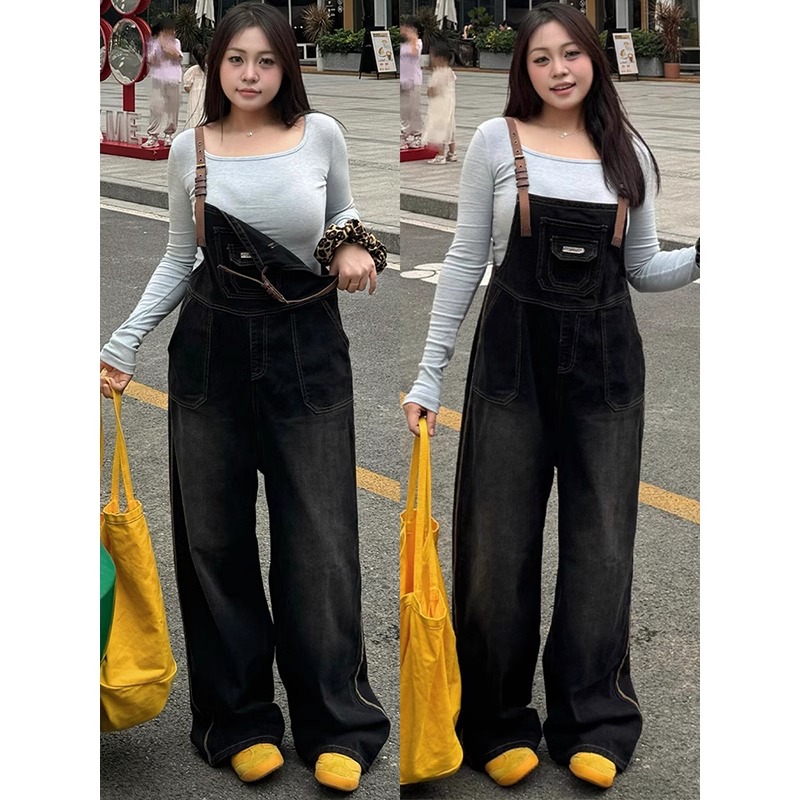 大码女装胖mm韩版复古牛仔背带裤女梨形遮肉裤子宽松显瘦连体长裤
