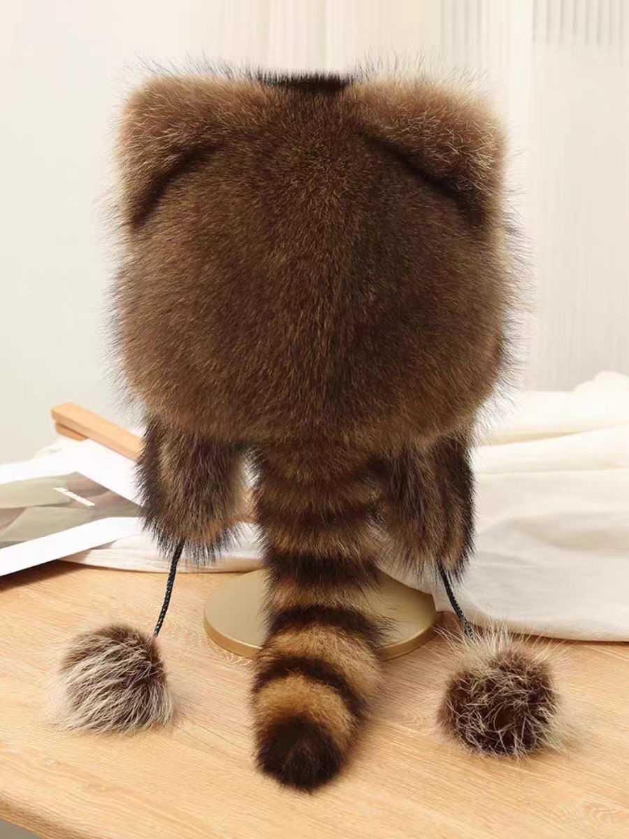 小浣熊帽子貉子毛男女通用亲子帽毛绒真毛秋冬季保暖网红霸王帽