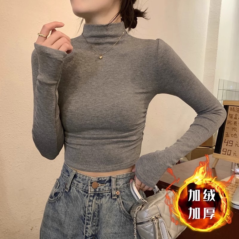 米诺狄大码胖mm半高领修身打底衫女秋冬加绒加厚内搭短款灰色上衣